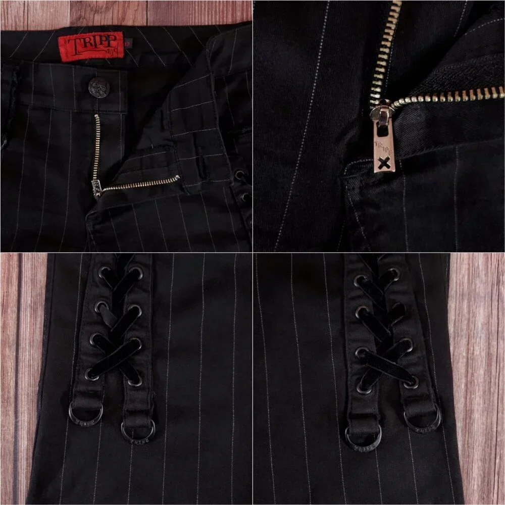 Vtg Tripp NYC Sz 13 Striper Black Tone Boot Cut Pants Pinstripe Goth Punk Y2K - Picture 8 of 15